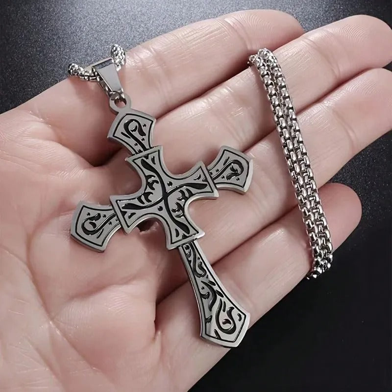 Gothic Silver Engraved Cross Pendant Necklace