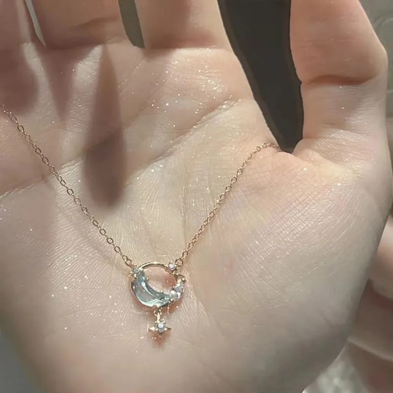 Rose Gold Crystal Crescent Moon & Star Pendant Necklace