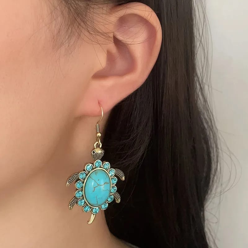 Antique Gold Sea Turtle Turquoise Stone Drop Earrings