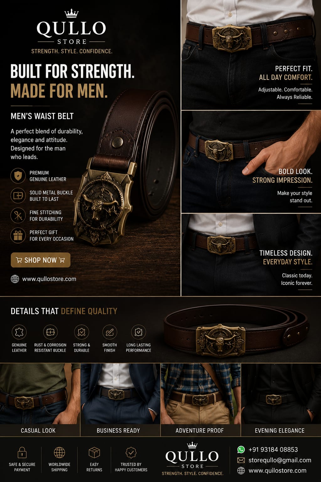 Dark Brown Embossed Leather Longhorn Bronze Buckle Belt