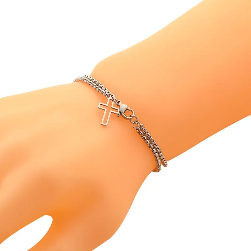 Silver Double Layer Box Chain Cross Charm Bracelet for Men