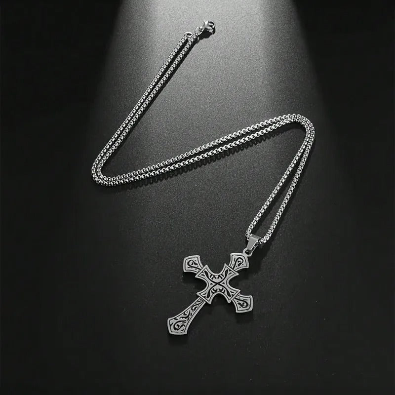 Gothic Silver Engraved Cross Pendant Necklace