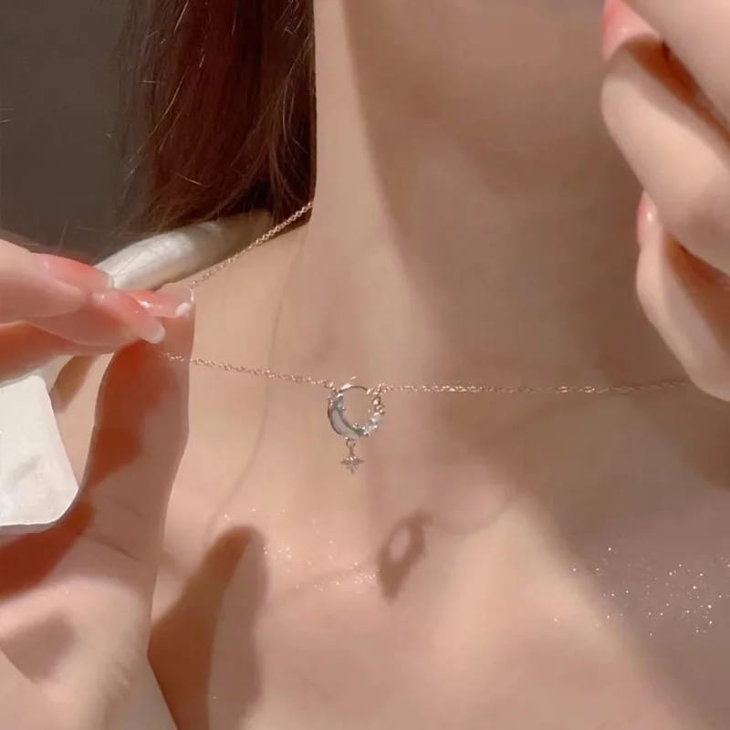 Rose Gold Crystal Crescent Moon & Star Pendant Necklace