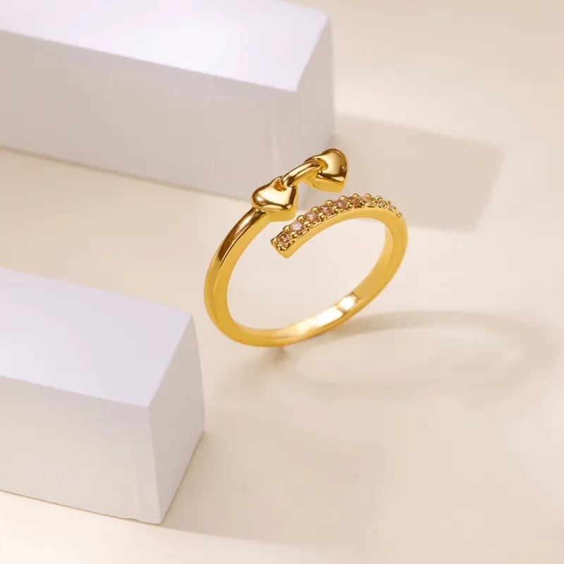 Gold Double Heart Pink Crystal Open Band Ring