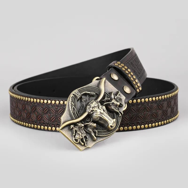 Dark Brown Embossed Leather Longhorn Bronze Buckle Belt