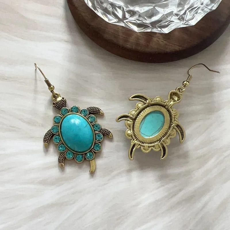Antique Gold Sea Turtle Turquoise Stone Drop Earrings