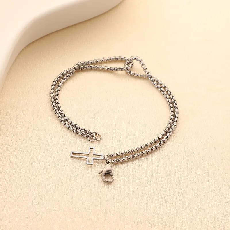 Silver Double Layer Box Chain Cross Charm Bracelet for Men