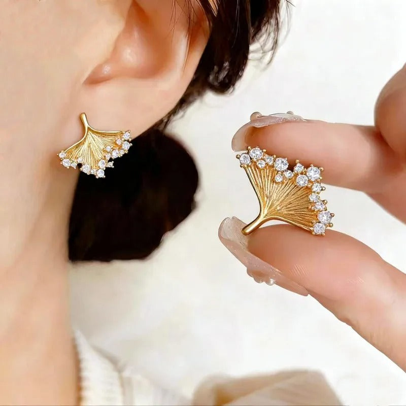 Gold Ginkgo Fan Crystal Stud Earrings