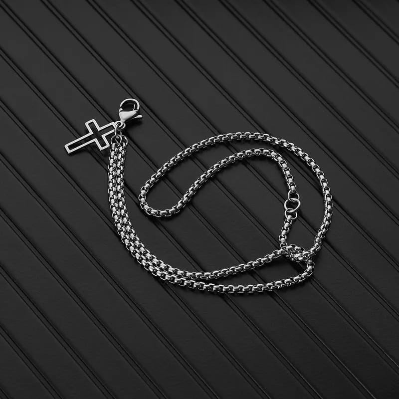 Silver Double Layer Box Chain Cross Charm Bracelet for Men