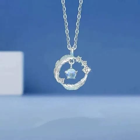 Silver Moonstone Crescent Moon Leaf Pendant Necklace