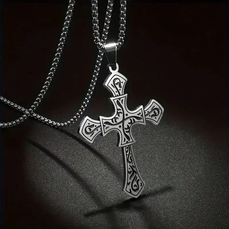 Gothic Silver Engraved Cross Pendant Necklace