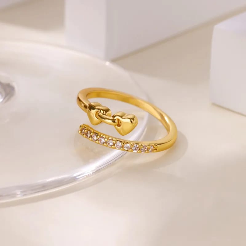 Gold Double Heart Pink Crystal Open Band Ring