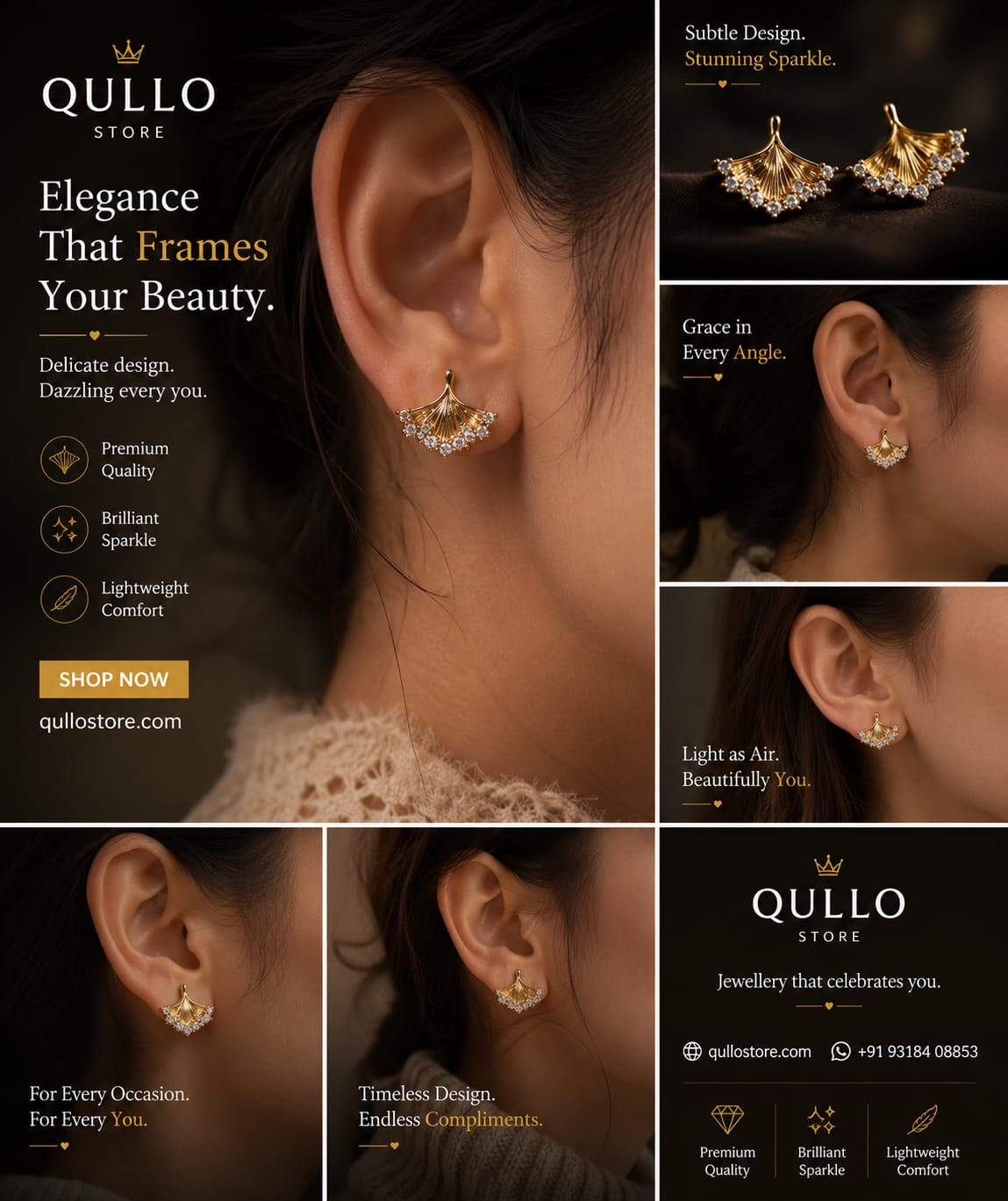 Gold Ginkgo Fan Crystal Stud Earrings