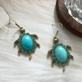 Antique Gold Sea Turtle Turquoise Stone Drop Earrings