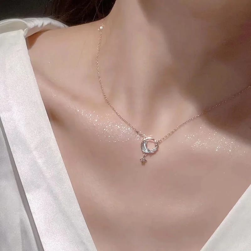 Rose Gold Crystal Crescent Moon & Star Pendant Necklace