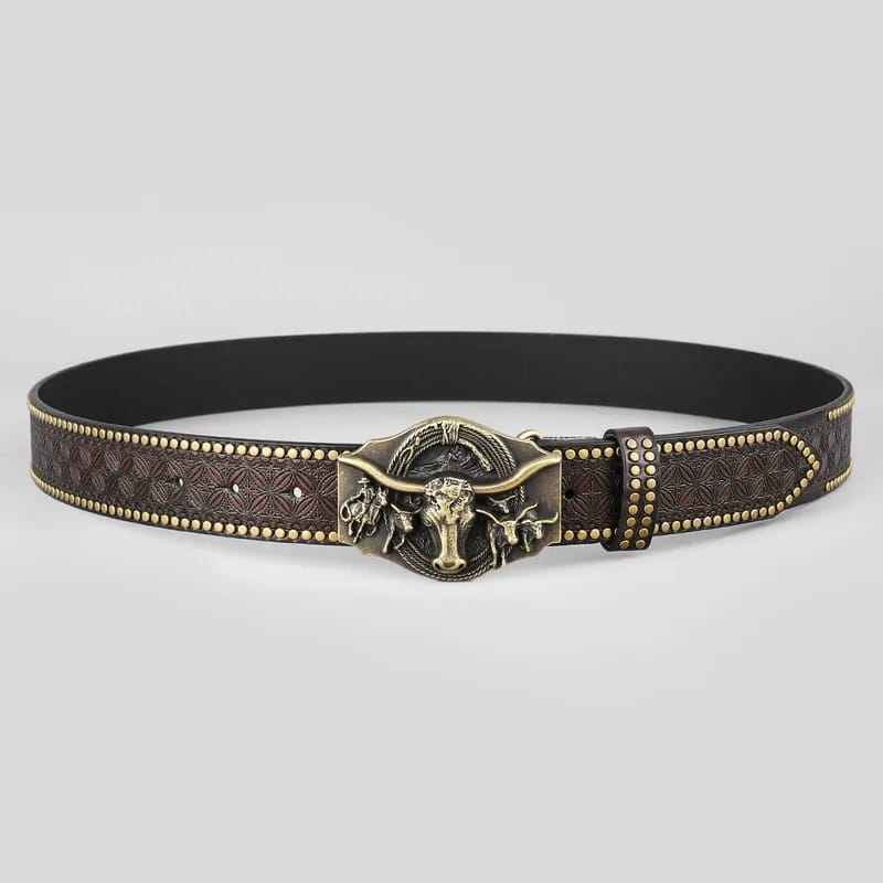 Dark Brown Embossed Leather Longhorn Bronze Buckle Belt