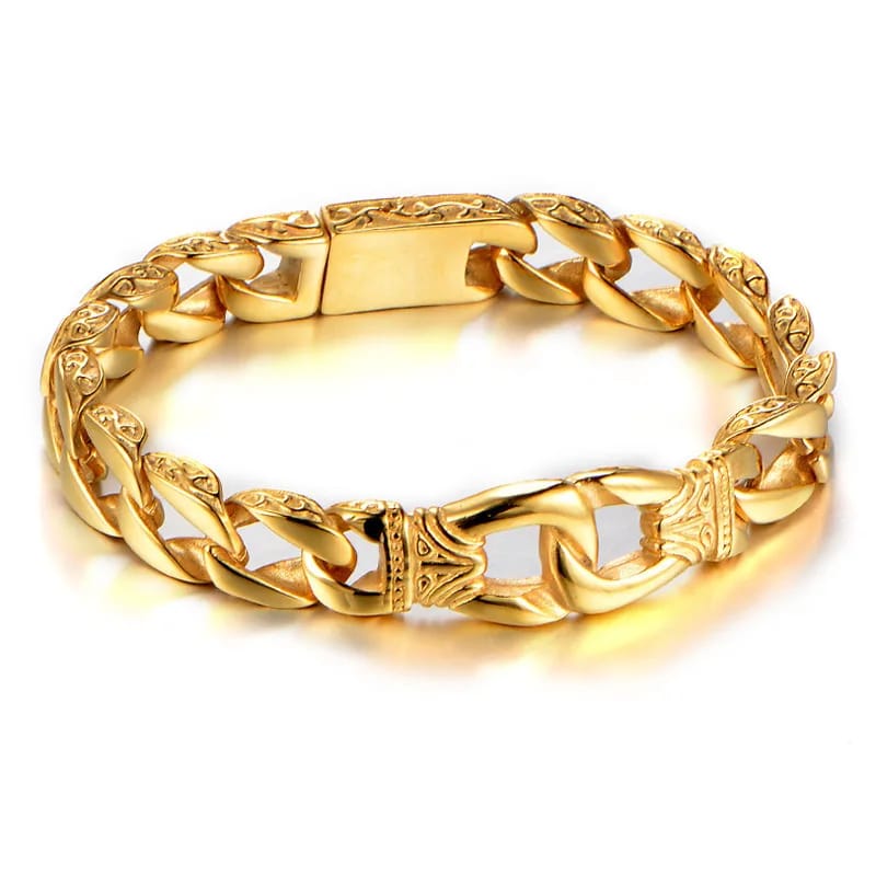 Gold Cuban Link Engraved Chain Bracelet for Men