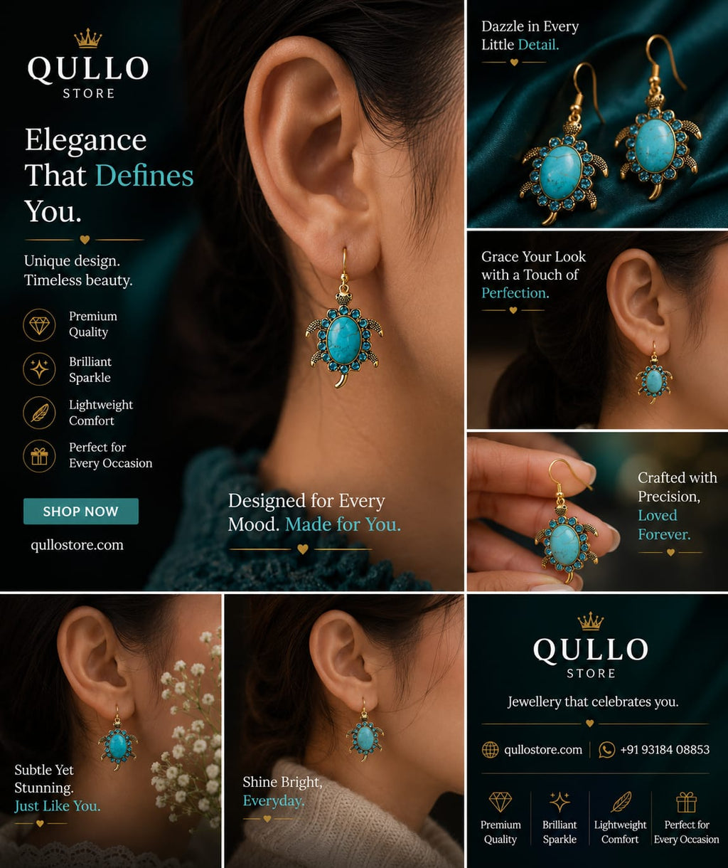 Antique Gold Sea Turtle Turquoise Stone Drop Earrings
