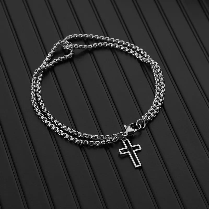Silver Double Layer Box Chain Cross Charm Bracelet for Men