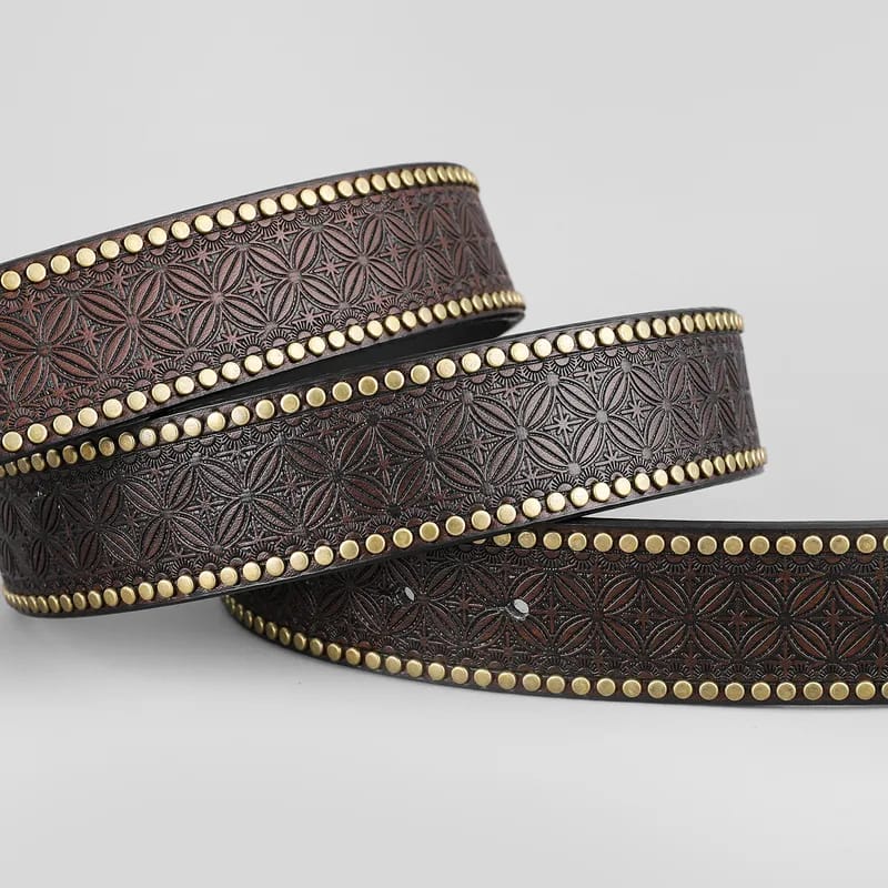 Dark Brown Embossed Leather Longhorn Bronze Buckle Belt