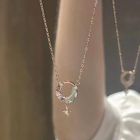 Rose Gold Crystal Crescent Moon & Star Pendant Necklace