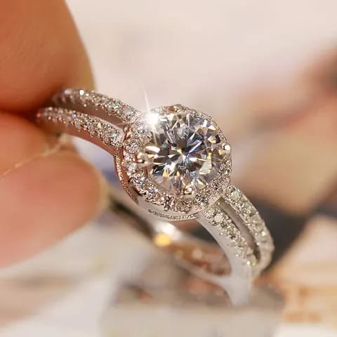 Silver Halo Solitaire Crystal Engagement Style Ring