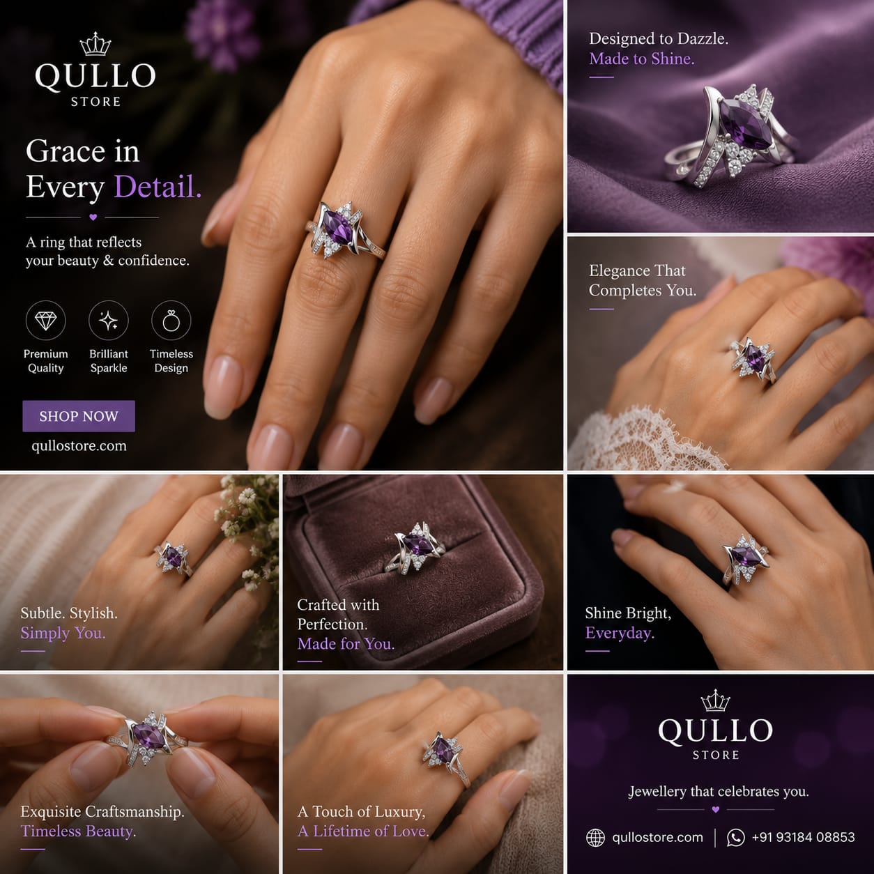 Silver Marquise Amethyst Crystal Statement Ring