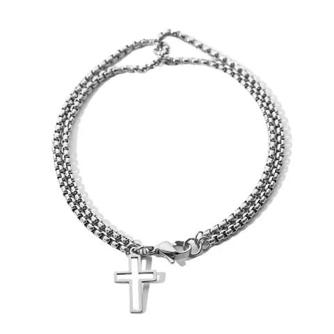 Silver Double Layer Box Chain Cross Charm Bracelet for Men