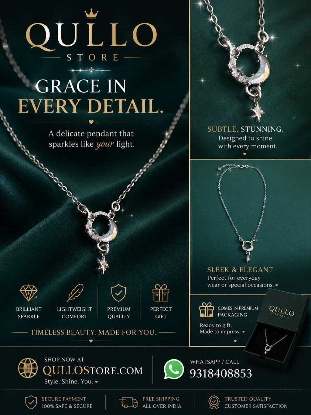 Rose Gold Crystal Crescent Moon & Star Pendant Necklace