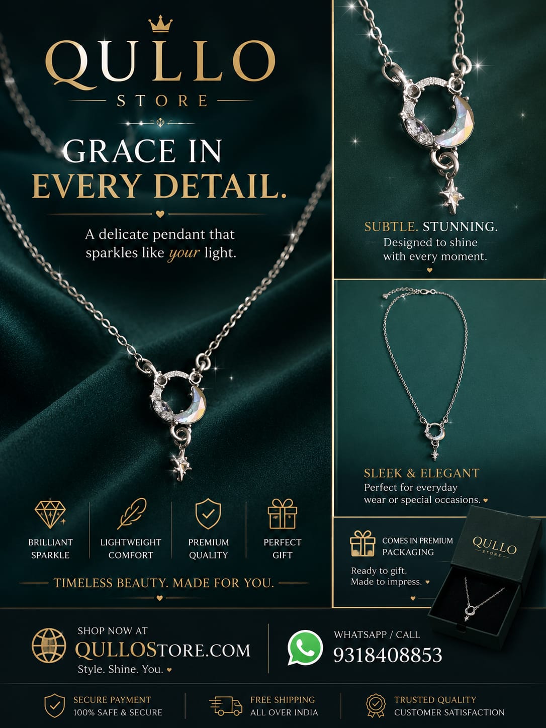 Rose Gold Crystal Crescent Moon & Star Pendant Necklace