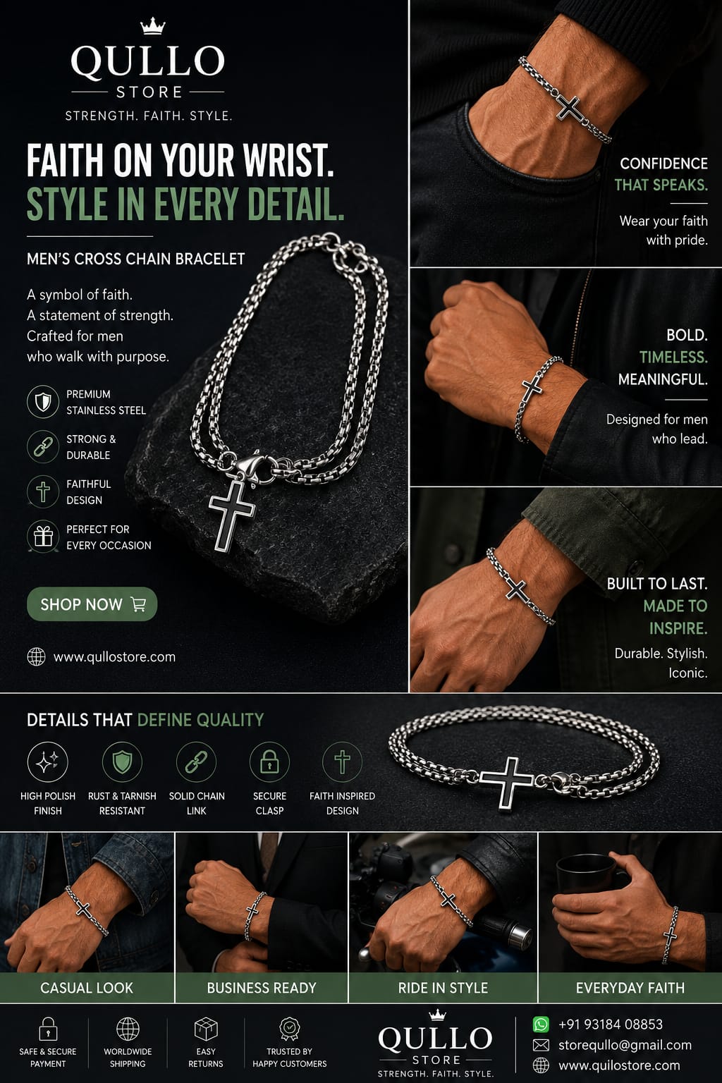 Silver Double Layer Box Chain Cross Charm Bracelet for Men