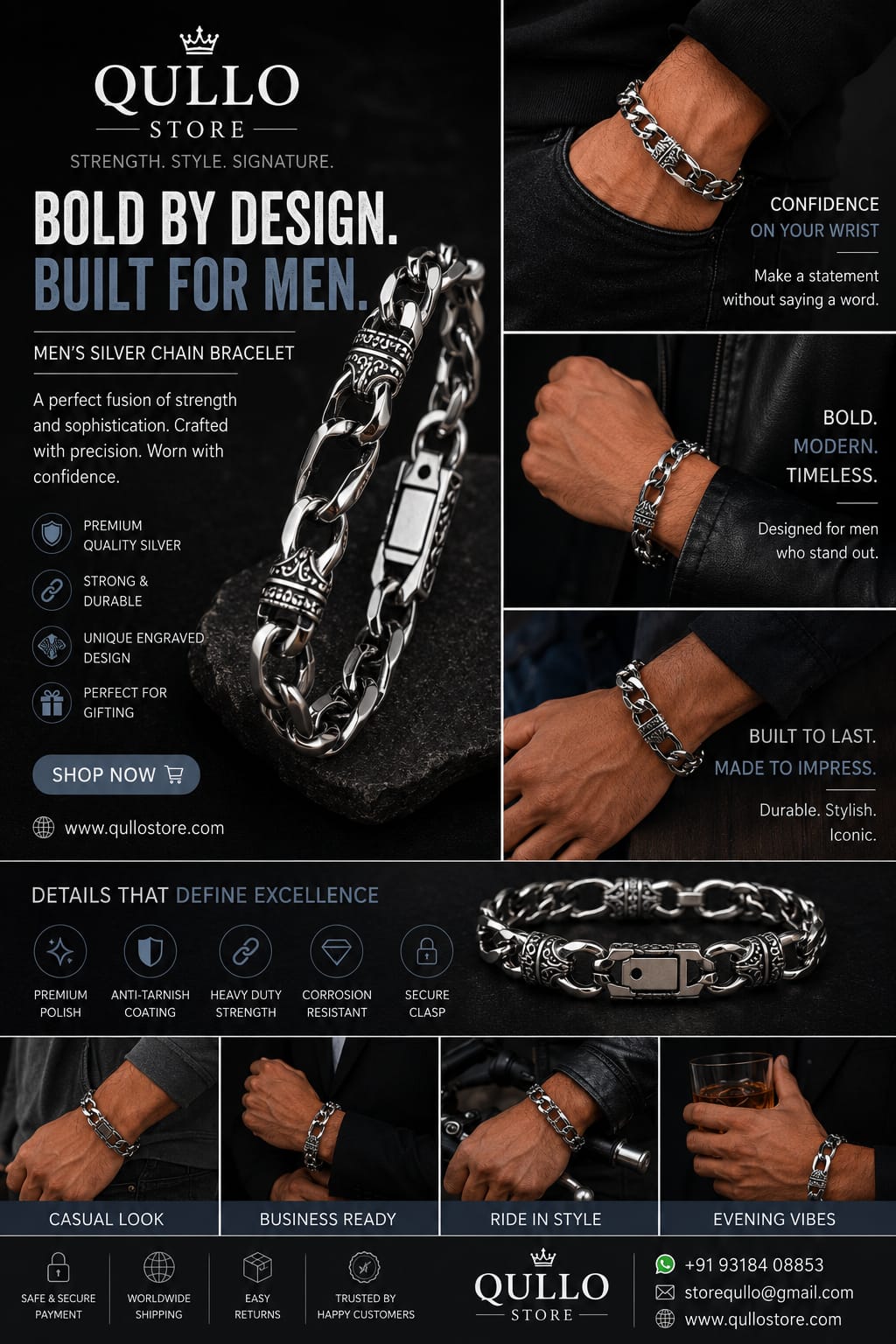 Silver Cuban Link Engraved Chain Bracelet for Men