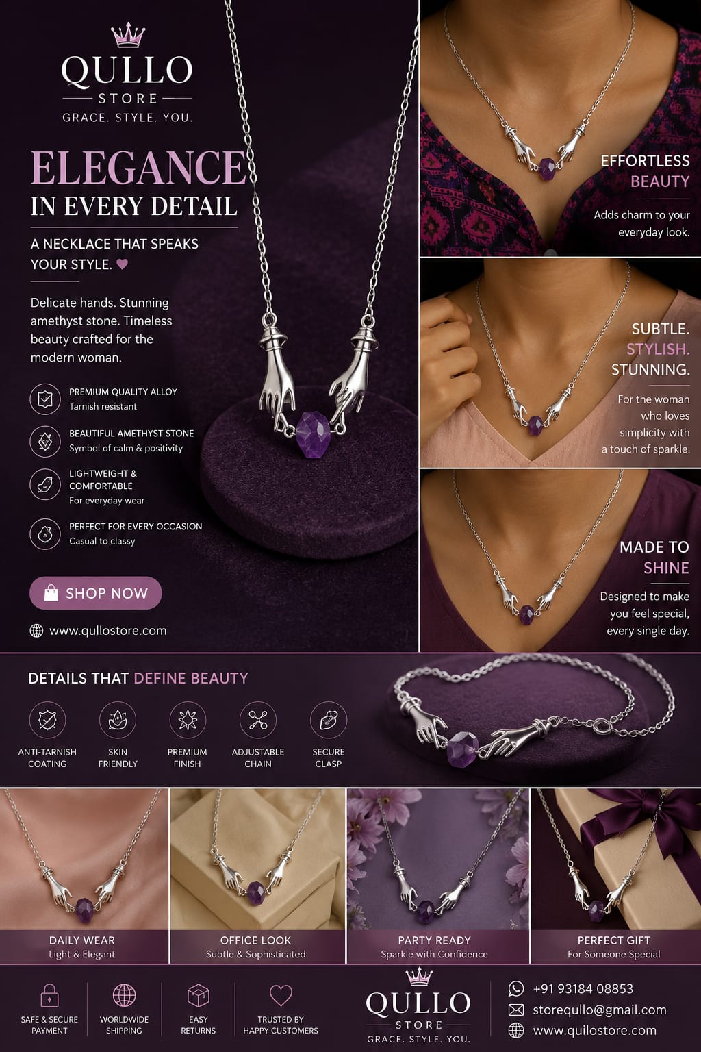 Silver Reaching Hands Amethyst Heart Chain Bracelet(purple)