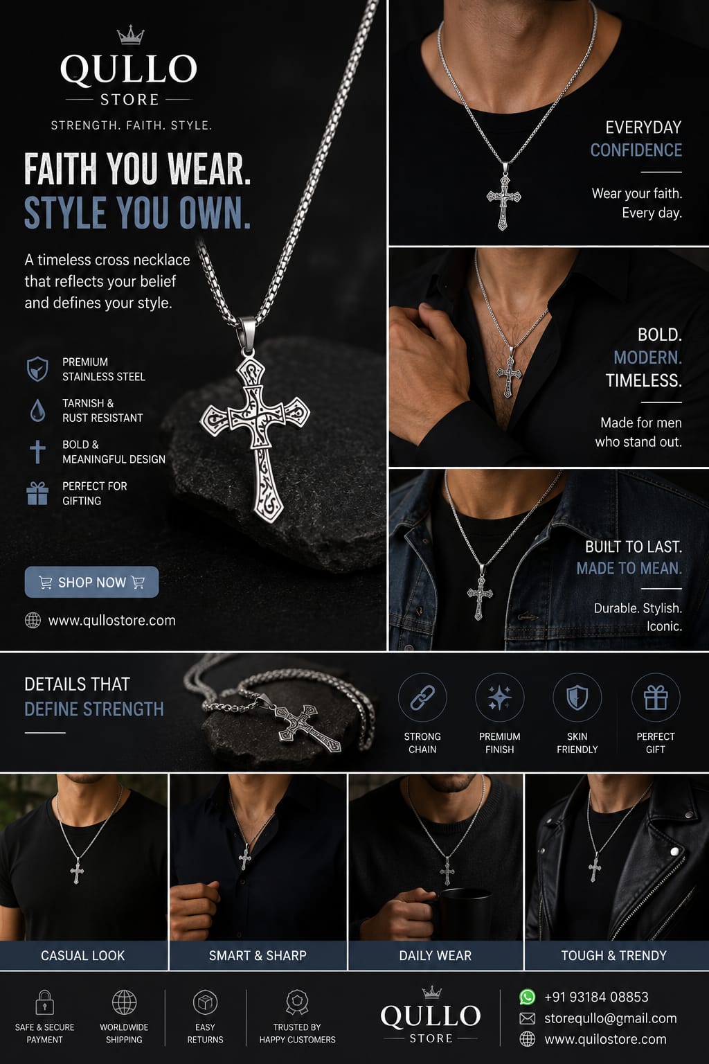 Gothic Silver Engraved Cross Pendant Necklace
