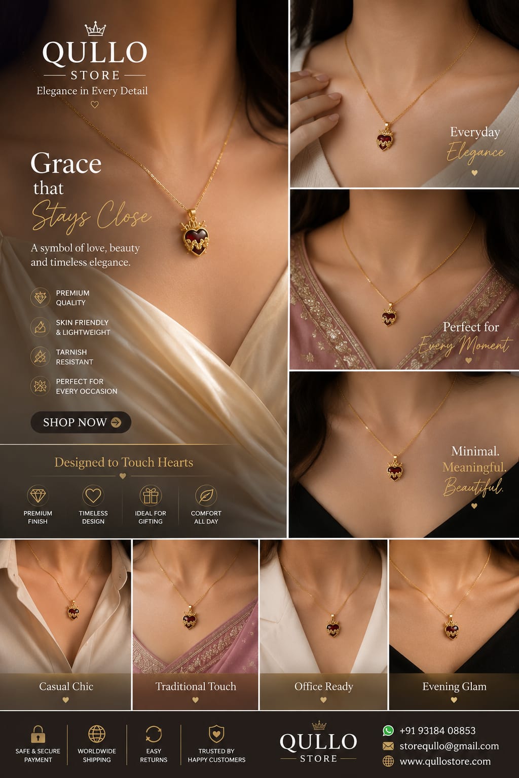 Gold Sacred Heart Red Gemstone Pendant Necklace