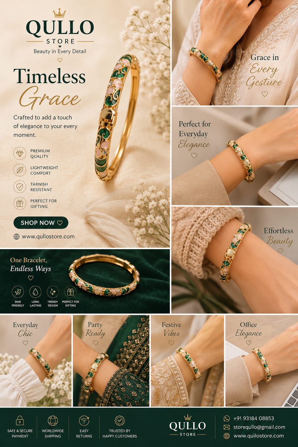 Luxurious white cloisonne metal bangles(dark green + pink)