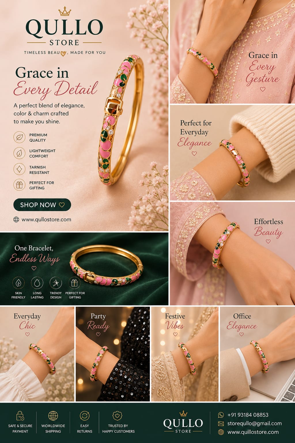 Luxurious white cloisonne metal bangles(dark green + dark pink)