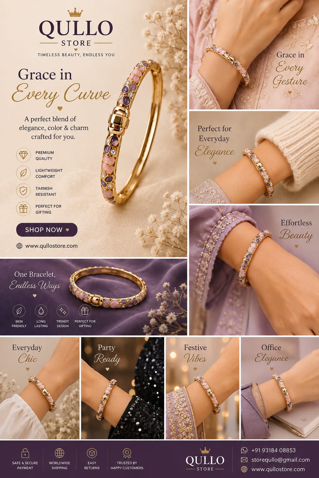 Luxurious white cloisonne metal bangles(pink+purple)
