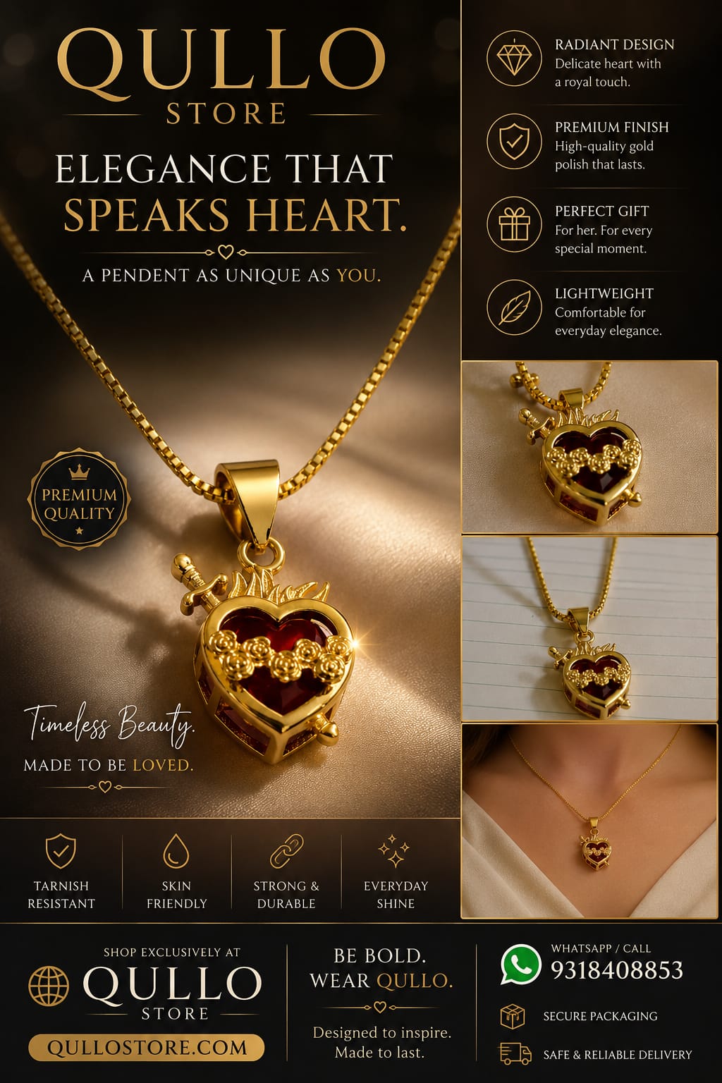 Gold Sacred Heart Red Gemstone Pendant Necklace