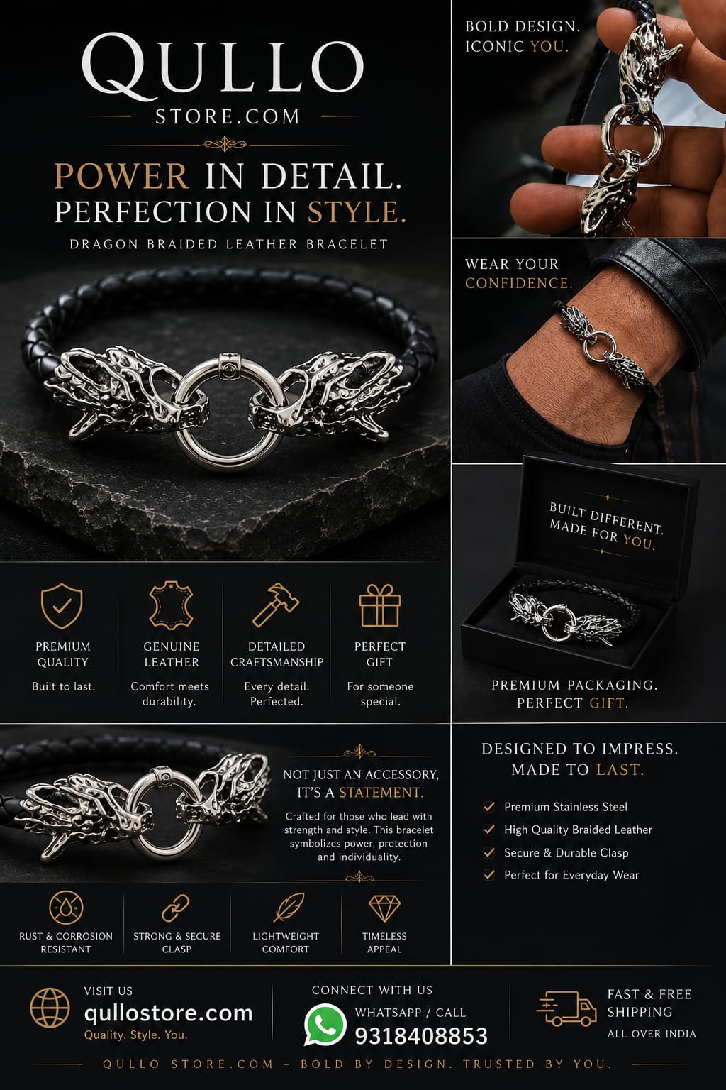 Black Braided Leather Dragon Head Clasp Bracelet
