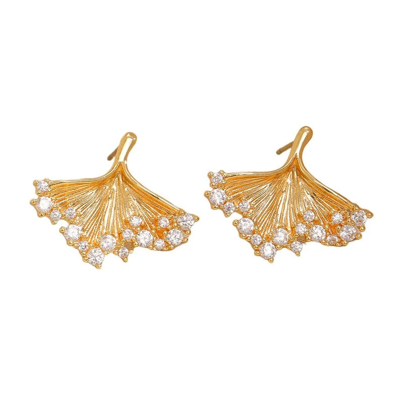 Gold Ginkgo Fan Crystal Stud Earrings