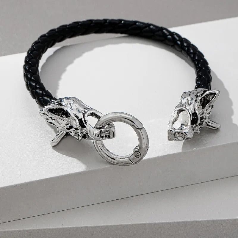 Black Braided Leather Dragon Head Clasp Bracelet