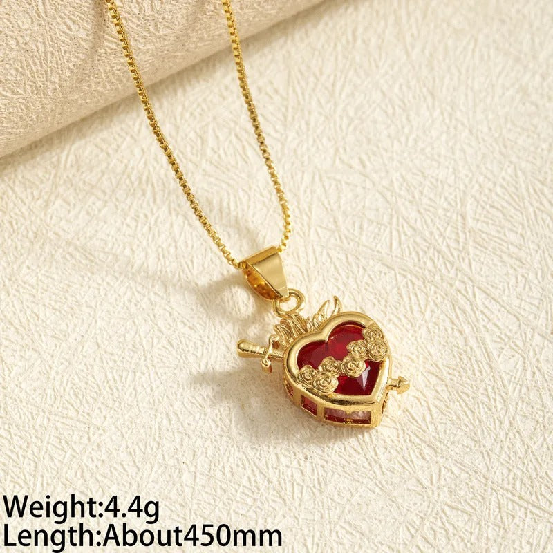 Gold Sacred Heart Red Gemstone Pendant Necklace