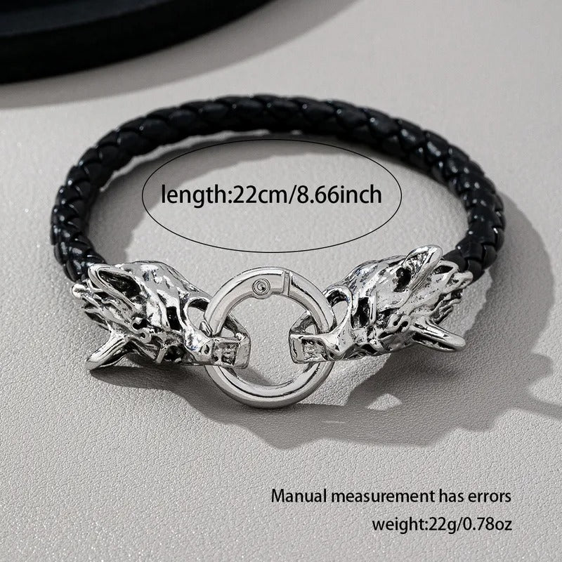 Black Braided Leather Dragon Head Clasp Bracelet