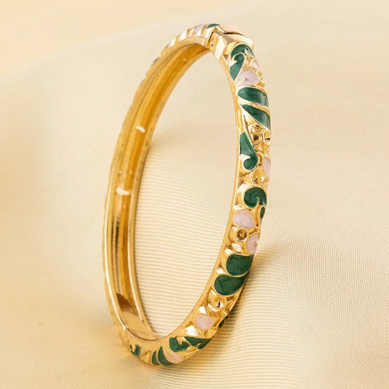 Luxurious white cloisonne metal bangles(dark green + pink)
