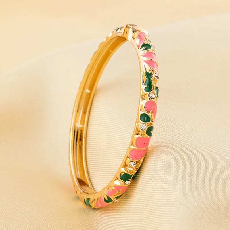 Luxurious white cloisonne metal bangles(dark green + dark pink)