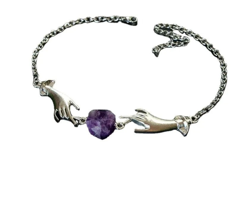 Silver Reaching Hands Amethyst Heart Chain Bracelet(purple)