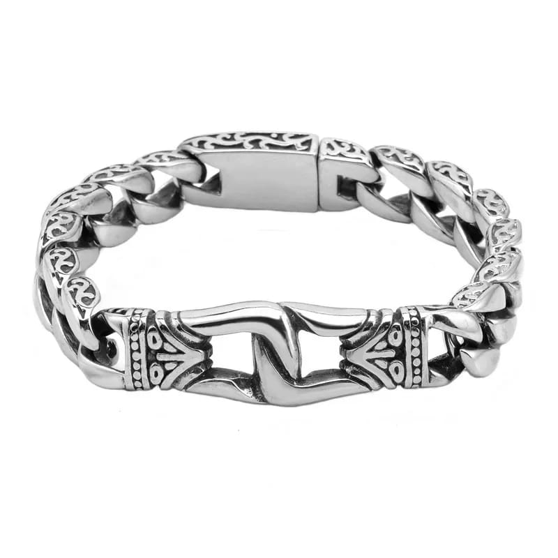 Silver Cuban Link Engraved Chain Bracelet for Men