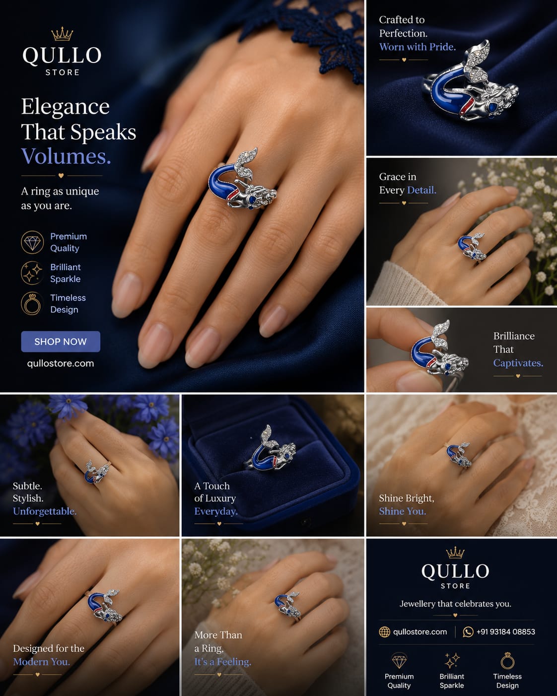 Silver Blue Enamel Crystal Mermaid Statement Ring